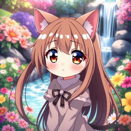 anime cat girl with a shy expression, large expressive eyes, and a blush on her cheeks