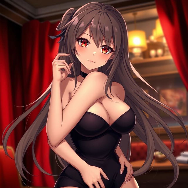 a sexy anime girl with long flowing hair and a sultry expression, her eyes filled with allure and confidence