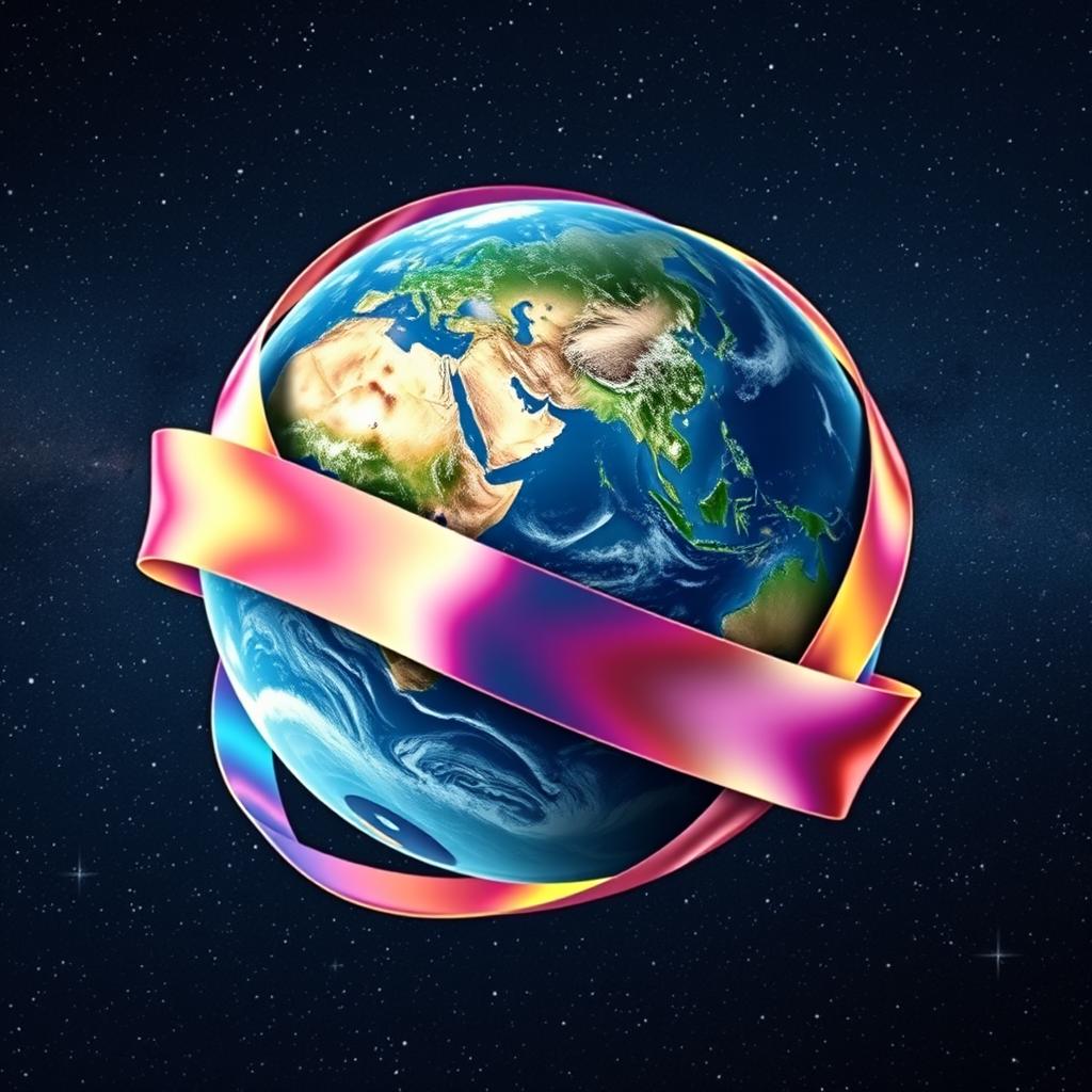 Earth wrapped in a delicate, colorful ribbon, gently encircling the globe like a gift