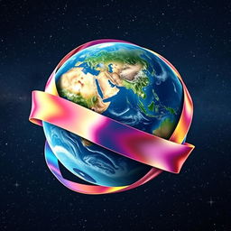 Earth wrapped in a delicate, colorful ribbon, gently encircling the globe like a gift