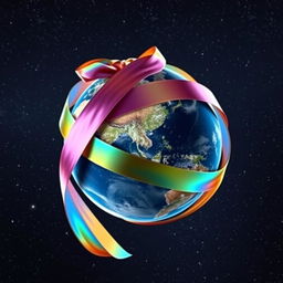 Earth wrapped in a delicate, colorful ribbon, gently encircling the globe like a gift