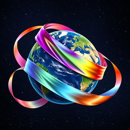 Earth wrapped in a delicate, colorful ribbon, gently encircling the globe like a gift