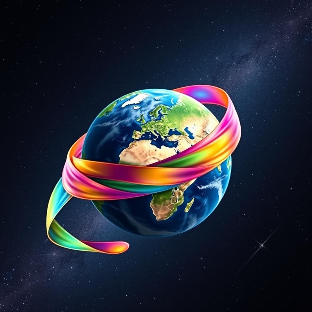 Earth wrapped in a delicate, colorful ribbon, gently encircling the globe like a gift