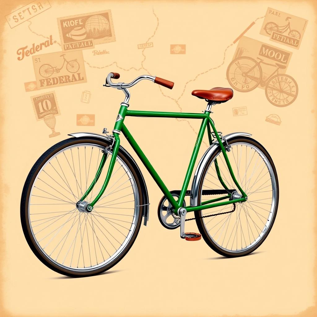 A classic Federal bicycle with a unique bottle green color, harnessed on a vintage t-shirt design