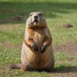 An even happier and lively brown groundhog, its eyes gleaming with joy, standing upright outside its burrow amidst lush green grass, dancing merrily in the shimmering sunlight