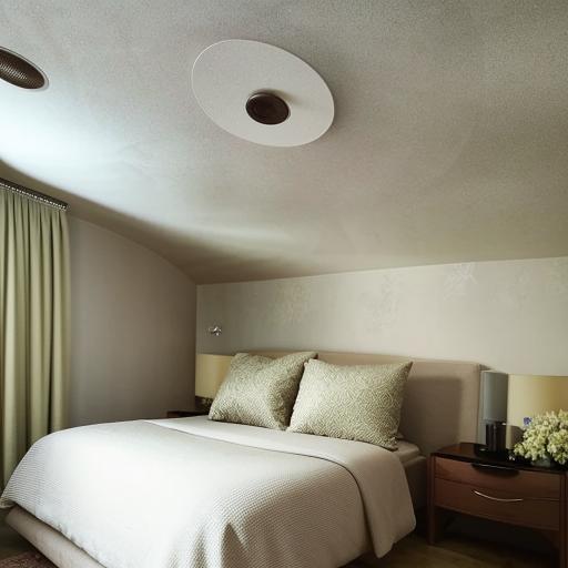 A neutrally themed bedroom with a distinctive concave ceiling. The walls are adorned with wallpaper while full-height curtains dress the windows. The room also features a drop ceiling, two cozy coffee armchairs, and a matching table.