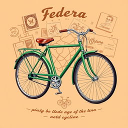 A classic Federal bicycle with a unique bottle green color, harnessed on a vintage t-shirt design