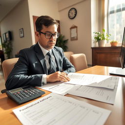 A meticulous accountant sitting at a desk with a calculator, papers with room rates and additional fees spread out