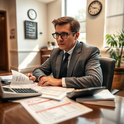 A meticulous accountant sitting at a desk with a calculator, papers with room rates and additional fees spread out