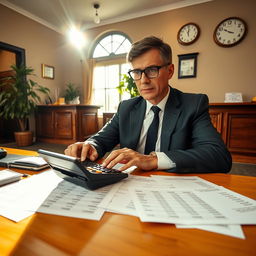 A meticulous accountant sitting at a desk with a calculator, papers with room rates and additional fees spread out