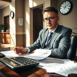 A meticulous accountant sitting at a desk with a calculator, papers with room rates and additional fees spread out