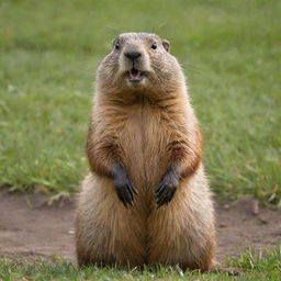 An even happier and lively brown groundhog, its eyes gleaming with joy, standing upright outside its burrow amidst lush green grass, dancing merrily in the shimmering sunlight