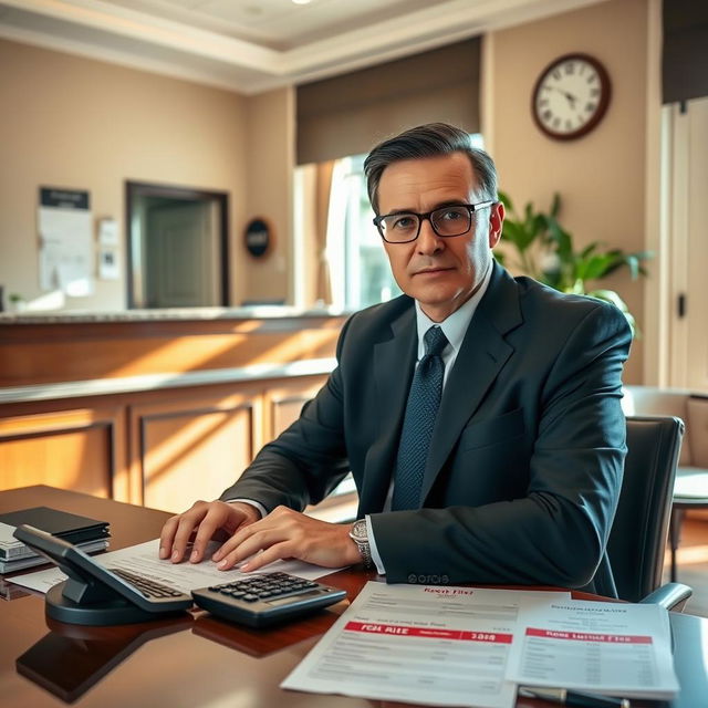 A meticulous accountant sitting at a desk with a calculator, papers with room rates and additional fees spread out