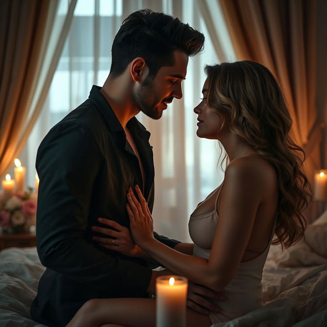 A passionate and romantic scene focusing on tender intimacy and connection between two people