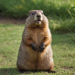 An even happier and lively brown groundhog, its eyes gleaming with joy, standing upright outside its burrow amidst lush green grass, dancing merrily in the shimmering sunlight