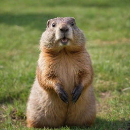 An even happier and lively brown groundhog, its eyes gleaming with joy, standing upright outside its burrow amidst lush green grass, dancing merrily in the shimmering sunlight