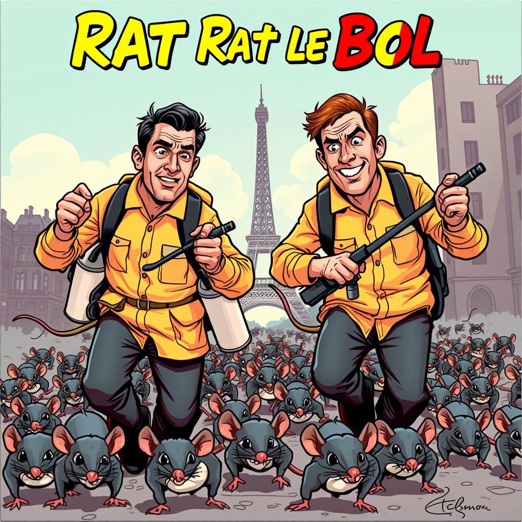 Two men in their thirties wearing pest control uniforms, each holding sprayers, chasing a multitude of rats scurrying away