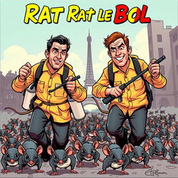 Two men in their thirties wearing pest control uniforms, each holding sprayers, chasing a multitude of rats scurrying away