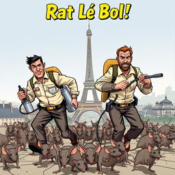 Two men in their thirties wearing pest control uniforms, each holding sprayers, chasing a multitude of rats scurrying away