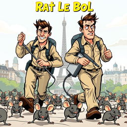 Two men in their thirties wearing pest control uniforms, each holding sprayers, chasing a multitude of rats scurrying away