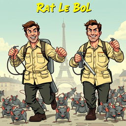 Two men in their thirties wearing pest control uniforms, each holding sprayers, chasing a multitude of rats scurrying away