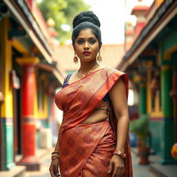 A 35-year-old Indian woman with a voluptuous physique, featuring prominent breasts and a big bun hairstyle