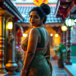 A 35-year-old Indian woman with a voluptuous physique, featuring prominent breasts and a big bun hairstyle