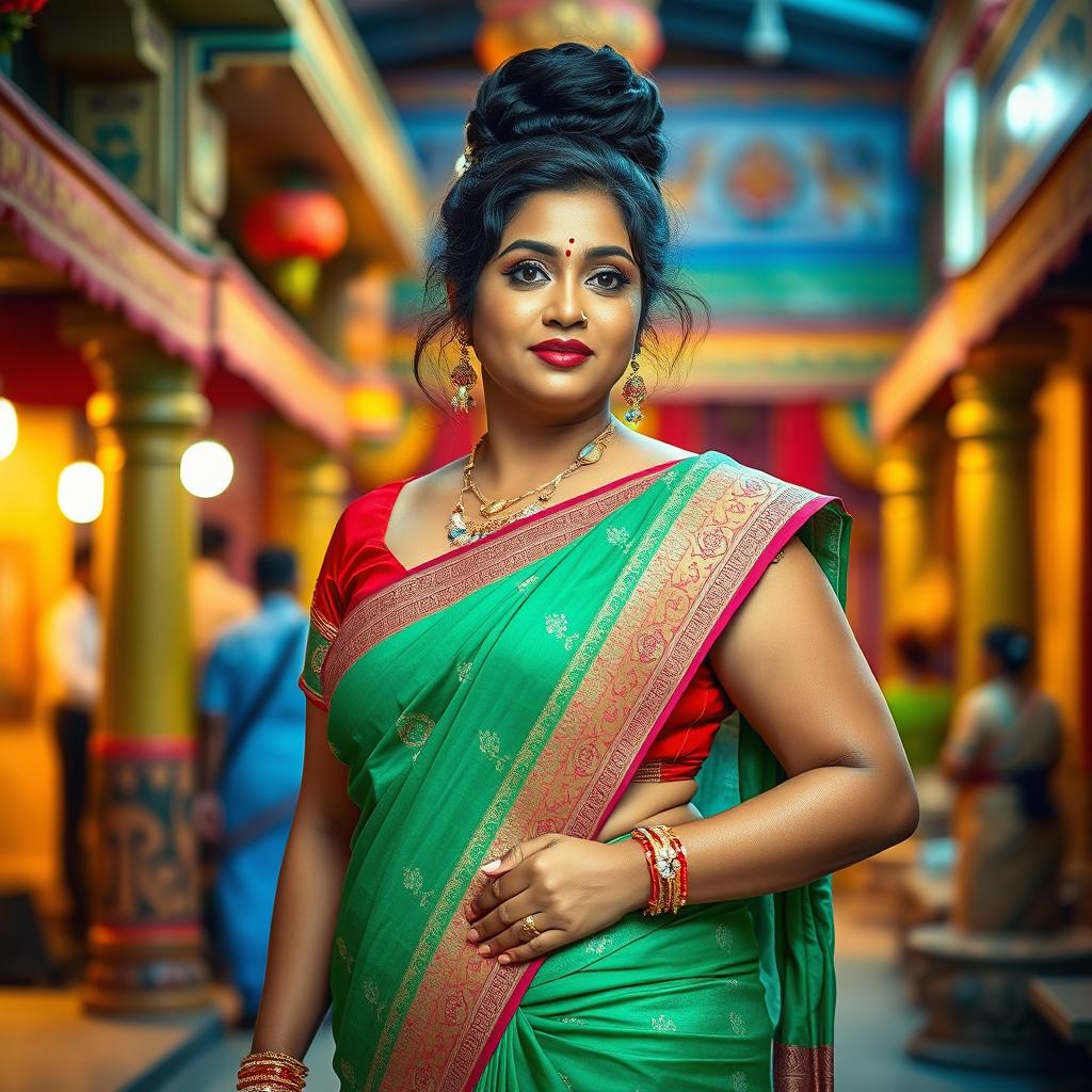 A 35-year-old Indian woman with a voluptuous physique, featuring prominent breasts and a big bun hairstyle