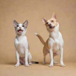 A fantastical creature that is half cat and half dog. One side delicately portrays the sleek grace of a cat, whilst the other side cheerfully displays the enthusiasm of a dog.