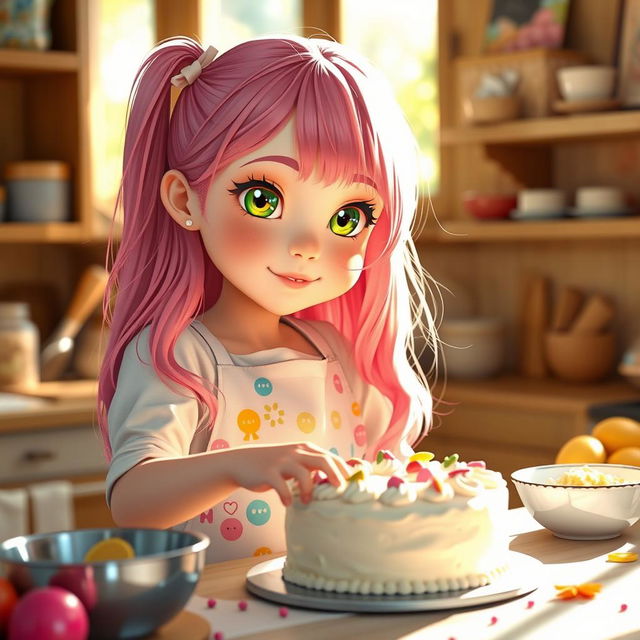 A young girl reincarnated as a child with long pink hair and green eyes, baking a cake in a cozy kitchen