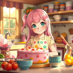 A young girl reincarnated as a child with long pink hair and green eyes, baking a cake in a cozy kitchen