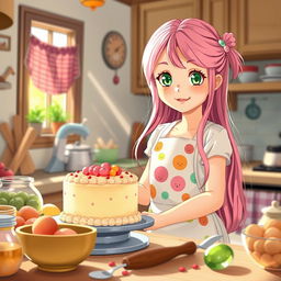 A young girl reincarnated as a child with long pink hair and green eyes, baking a cake in a cozy kitchen