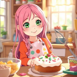 A young girl reincarnated as a child with long pink hair and green eyes, baking a cake in a cozy kitchen