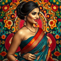 a stunning Indian woman with a focus on her voluptuous figure, featuring big breasts, a curvaceous big ass, and a stylish big bun hairstyle