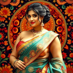 a stunning Indian woman with a focus on her voluptuous figure, featuring big breasts, a curvaceous big ass, and a stylish big bun hairstyle