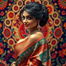 a stunning Indian woman with a focus on her voluptuous figure, featuring big breasts, a curvaceous big ass, and a stylish big bun hairstyle