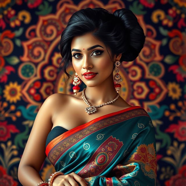 a stunning Indian woman with a focus on her voluptuous figure, featuring big breasts, a curvaceous big ass, and a stylish big bun hairstyle