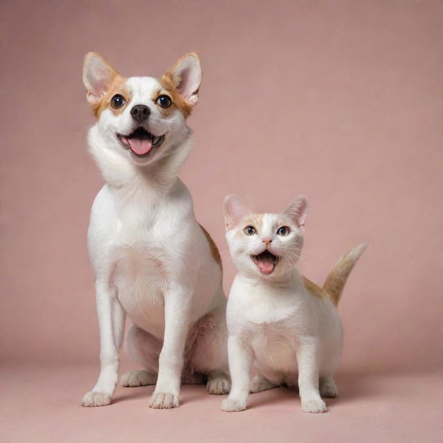 A fantastical creature that is half cat and half dog. One side delicately portrays the sleek grace of a cat, whilst the other side cheerfully displays the enthusiasm of a dog.