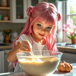 A young girl reincarnated as a small girl with long pink hair and green eyes is baking a cake in a cozy kitchen filled with sunlight