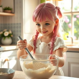 A young girl reincarnated as a small girl with long pink hair and green eyes is baking a cake in a cozy kitchen filled with sunlight