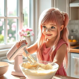 A young girl reincarnated as a small girl with long pink hair and green eyes is baking a cake in a cozy kitchen filled with sunlight