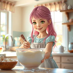 A young girl reincarnated as a small girl with long pink hair and green eyes is baking a cake in a cozy kitchen filled with sunlight