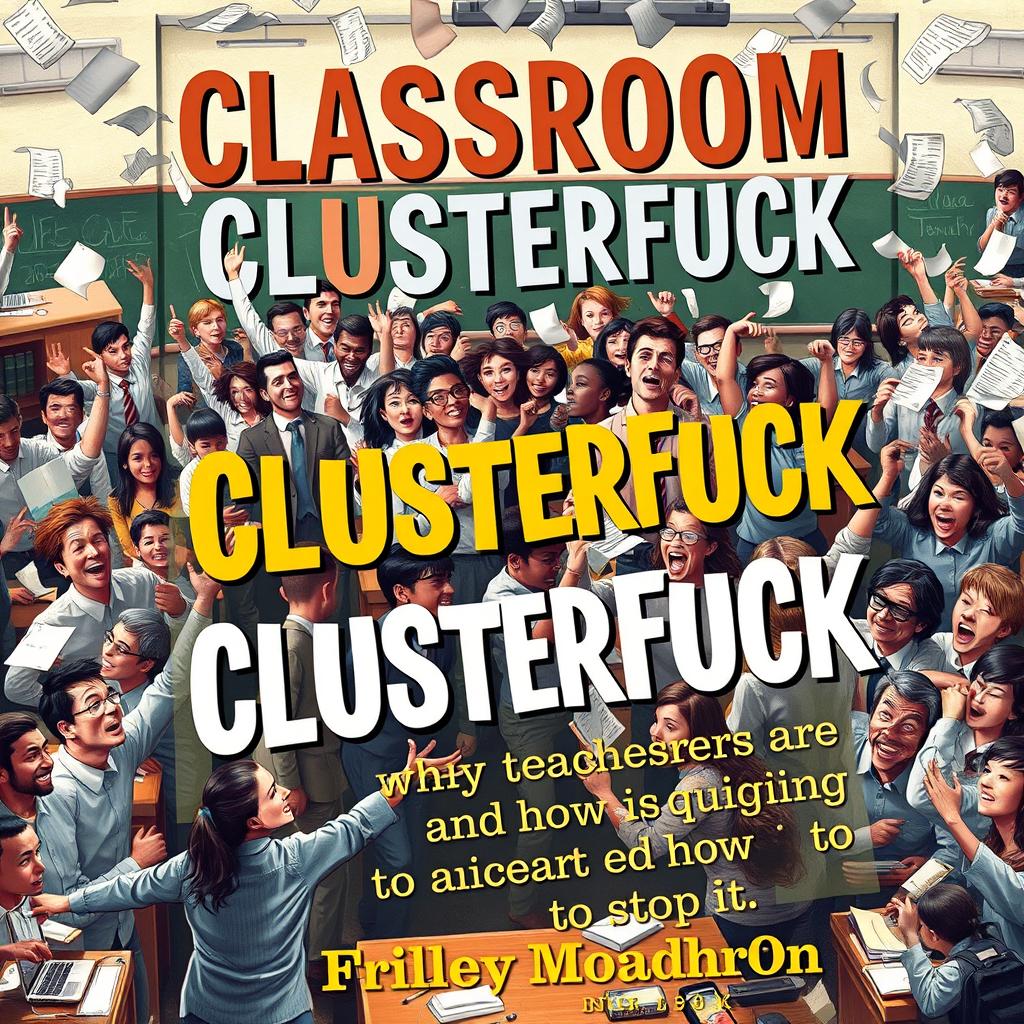 A book cover depicting a bustling and chaotic school scene, with groups of overwhelmed teachers managing chaotic students, papers flying through the air, and classroom supplies scattered around