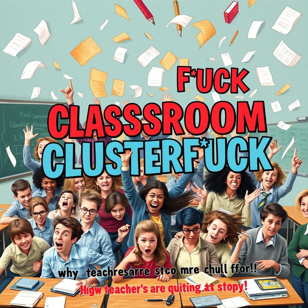 A book cover depicting a bustling and chaotic school scene, with groups of overwhelmed teachers managing chaotic students, papers flying through the air, and classroom supplies scattered around