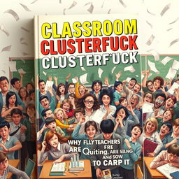 A book cover depicting a bustling and chaotic school scene, with groups of overwhelmed teachers managing chaotic students, papers flying through the air, and classroom supplies scattered around