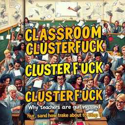 A book cover depicting a bustling and chaotic school scene, with groups of overwhelmed teachers managing chaotic students, papers flying through the air, and classroom supplies scattered around