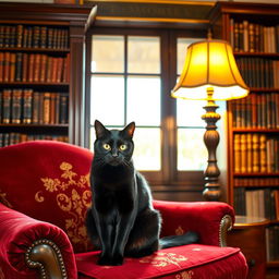 An elegant black cat sitting gracefully on a vintage armchair