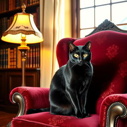 An elegant black cat sitting gracefully on a vintage armchair