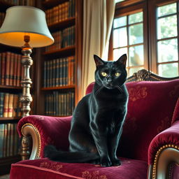 An elegant black cat sitting gracefully on a vintage armchair