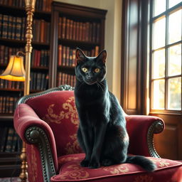 An elegant black cat sitting gracefully on a vintage armchair